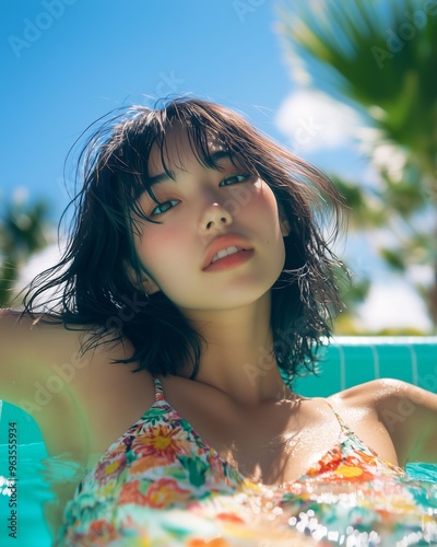 Woman relaxing in the pool on a sunny day