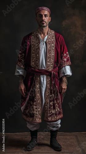 The model showcases detailed traditional Turkish clothing embodying its cultural heritage