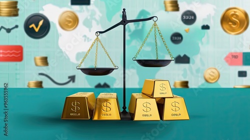 A balanced scale with gold bars and currency symbols against a financial backdrop, symbolizing wealth and economic balance. photo