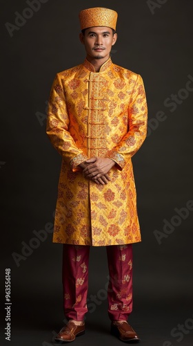 A model gracefully displays exquisite Vietnamese traditional clothing with intricate details
