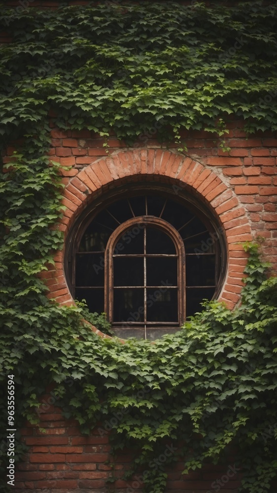 Fototapeta premium Brick wall with circular window covered by green ivy vines.