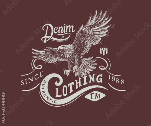 vintage eagle vector art  for clothing, eagle graphic print design, denim brand typography, eagle flying hand drawn vector 