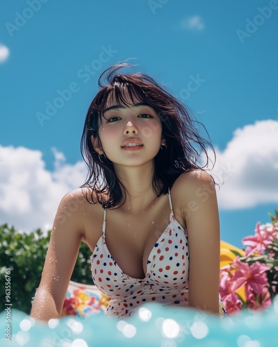 Portrait of a woman relaxing by the pool