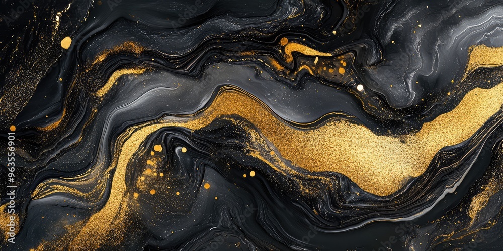 Fluid abstract art with black and gold colors, creating a luxurious and modern visual effect. AI generated illustration Fluid abstract art with black and gold colors, creating a luxurious and modern visual effect. AI generated illustration