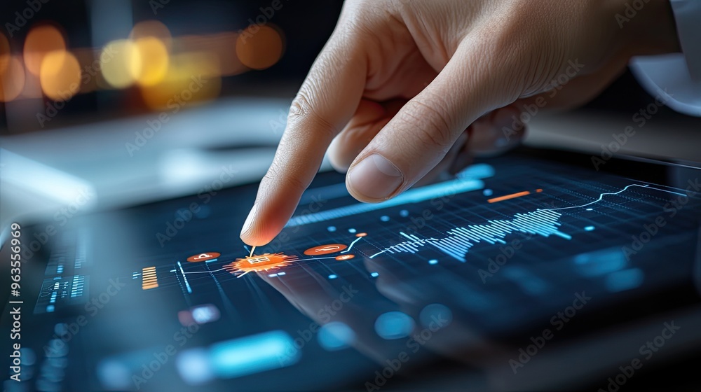 A close-up of a person's hand interacting with a digital screen displaying graphs and analytics in a modern business environment. A close-up of a person's hand interacting with a digital screen displaying graphs and analytics in a modern business environment.