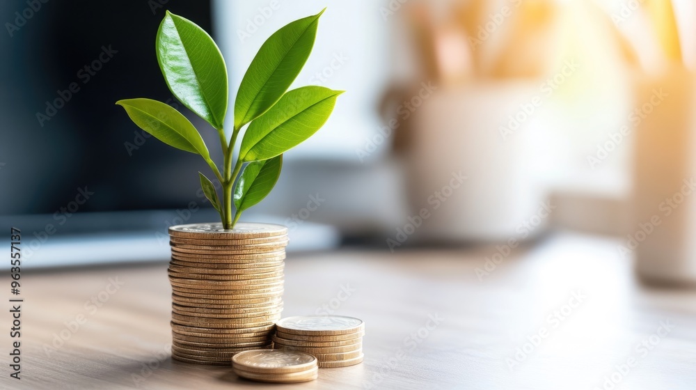 A coin stack with a green plant symbolizes growth and prosperity in finance and investment. A coin stack with a green plant symbolizes growth and prosperity in finance and investment.