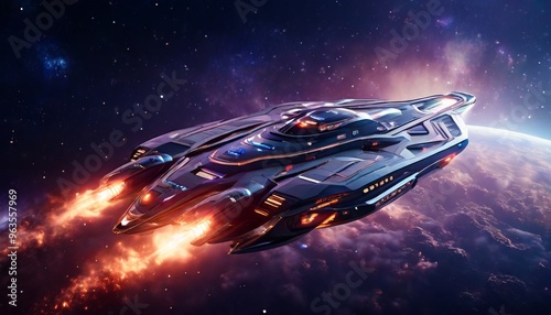 Detailed 3D rendering of a sleek, futuristic spaceship cruising through deep space, leaving a trail of fiery exhaust as it flies over a distant planet. The vastness of the galaxy and the glowing