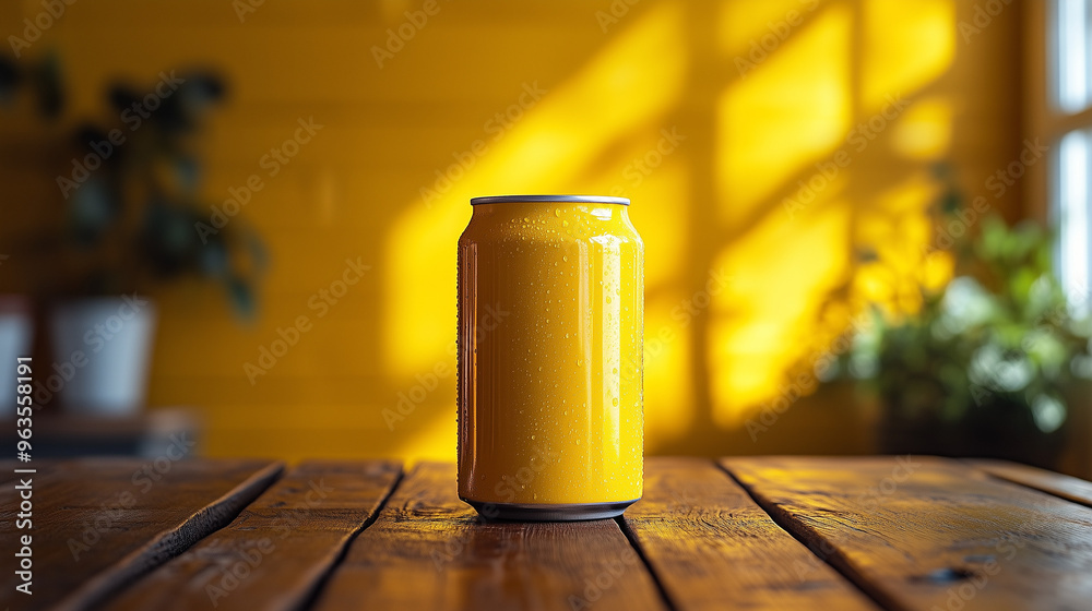 mock up minimalist yellow soda can 330ml, on wooden table in pastel color background isolation mock up minimalist yellow soda can 330ml, on wooden table in pastel color background isolation