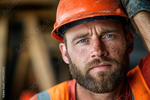 A focused construction worker in an orange helmet and safety gear, showcasing determination and hard work in a construction site. photo