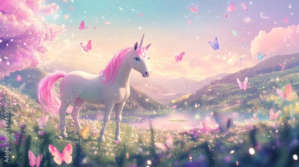 Magical unicorn with pink mane stands in a field of flowers and butterflies. Magical unicorn with pink mane stands in a field of flowers and butterflies.