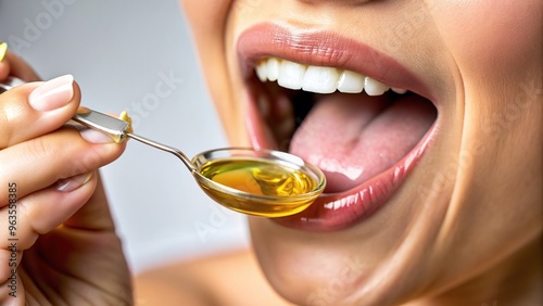 A close up stock photo showcasing a person swishing oil in their mouth representing the trending oral health practice of oil pulling, dental care, mouth health, traditional practice photo