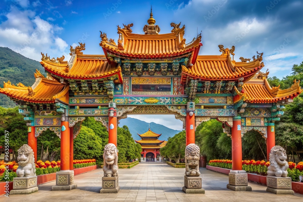 Fototapeta premium oriental, Taiwan, decoration, Asia, architecture, ornate, archway, Nantou, colorful,Chinese lion, Taiwanese culture, Chinese lion decorated archway at Wen Wu Temple in Nantou Taiwan