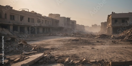 Devastated urban cityscape covered in dust and rubble after a massive destruction event. photo