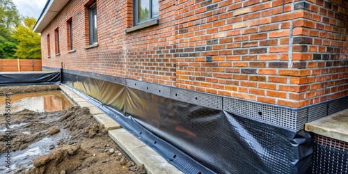 Exterior waterproofing membrane protecting brick house foundation from water and moisture photo