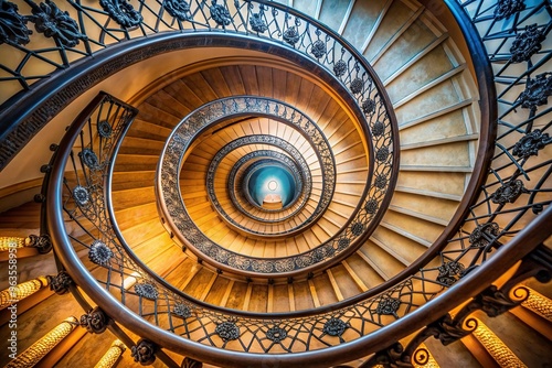 A photo showcasing a beautiful European architectural style spiral staircase seen from eye level, spiral, design, round, perspective,staircase, curvature, symmetry, descending, interior