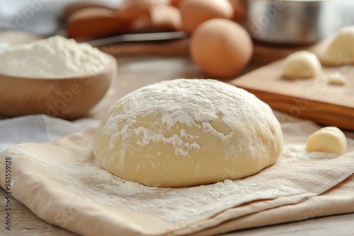 A dough is sitting on a table with a bowl of flour and a bowl of eggs. The dough is covered in flour and looks ready to be baked