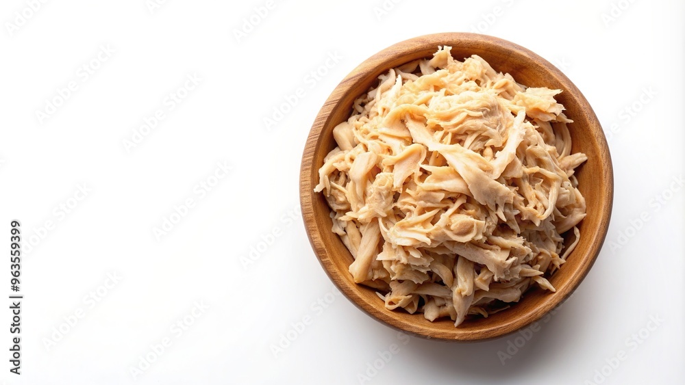 chicken meat, texture, meal, isolated, dish, food, white background, Boiled shredded chicken meat is presented in a wooden bowl seen from an overhead perspective against a white background chicken meat, texture, meal, isolated, dish, food, white background, Boiled shredded chicken meat is presented in a wooden bowl seen from an overhead perspective against a white background