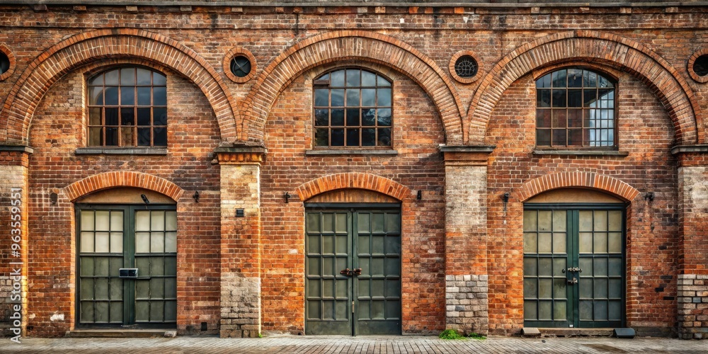 Fototapeta premium Vintage loft facade with weathered old brick arches and rustic charm