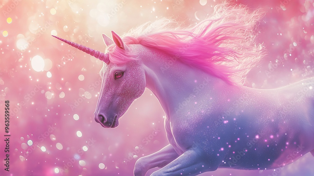 Magical white unicorn with pink mane and glitter in pink and purple background. Magical white unicorn with pink mane and glitter in pink and purple background.