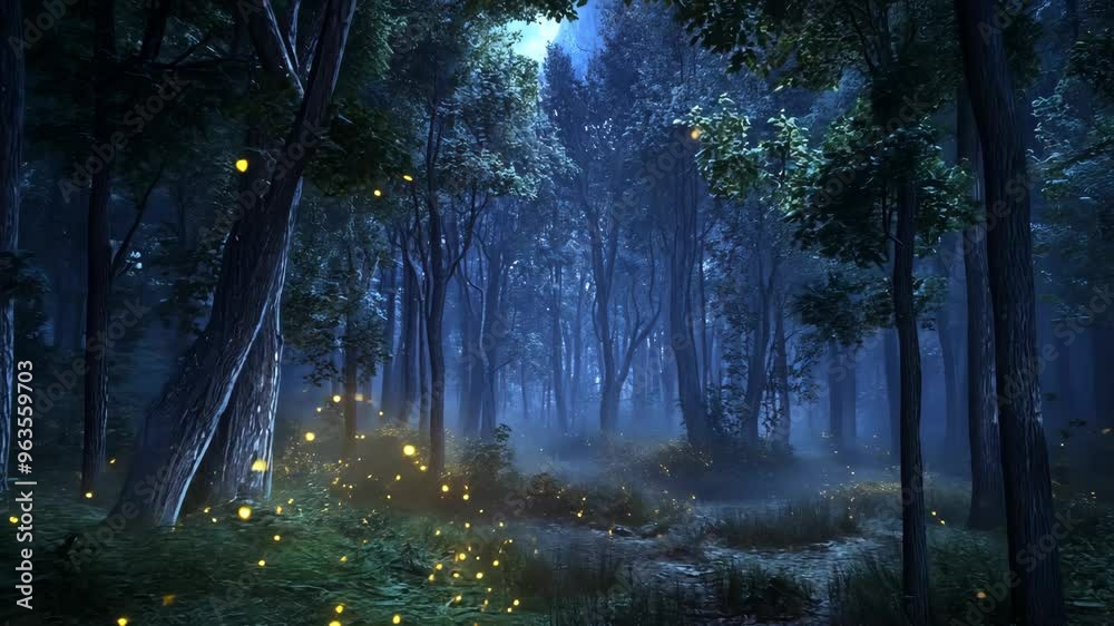 Watch fireflies illuminate a serene forest path during a calm summer night in this enchanting nature display