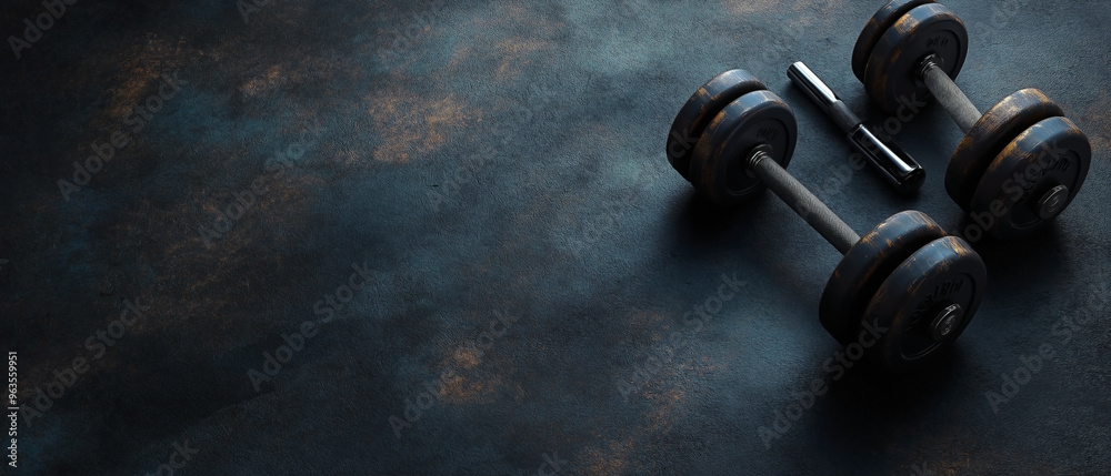 black dumbbell arranged on a dark, textured background, black dumbbell arranged on a dark, textured background,