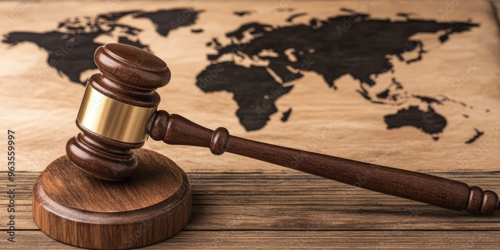 Judge's Gavel on Wooden Table with World Map Background. AI generated illustration Judge's Gavel on Wooden Table with World Map Background. AI generated illustration