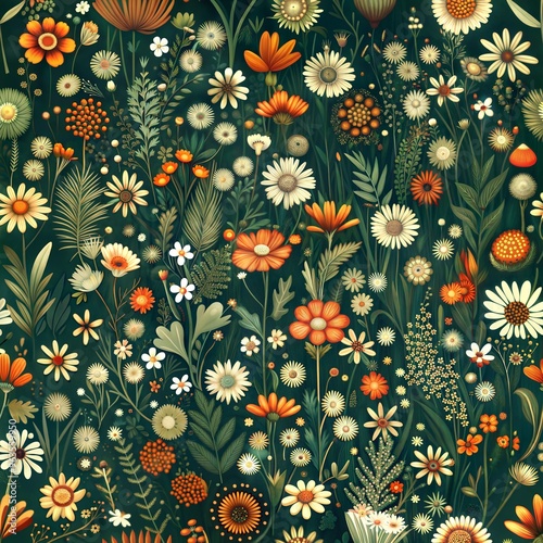 Seamless pattern green and orange background with floral pattern and various flowers.