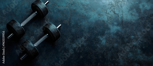 black dumbbell arranged on a dark, textured background, 