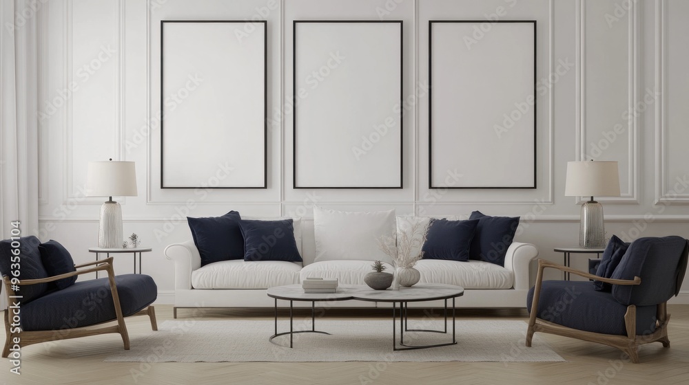 Modern Living Room with White Sofa and Blue Accents Modern Living Room with White Sofa and Blue Accents