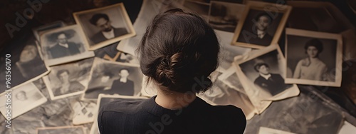 Woman looking at old photos scattered on the floor.