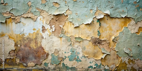 Dirty wall with chipped and peeling painted plaster, reflecting neglect and decay
