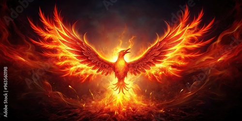 Abstract background featuring a wide angle view of a glowing red phoenix rising from the ashes, abstract, background, fantasy, mystical, abstract background, spirituality