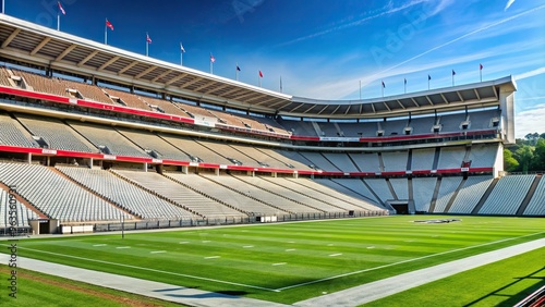 red brick structure, A panoramic long shot of the back of Sanford Stadium scoreboard with the stadium in the background showcasing the iconic structure and overall view of the sports venue photo