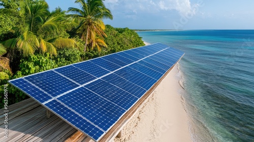 A stunning beach view featuring solar panels along the shoreline, showcasing sustainable energy in a tropical paradise. photo