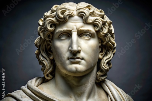 An ancient marble bust of Alexander the Great with intricate details and a regal expression, details, marble bust, regal expression,ancient