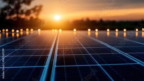 A stunning sunset illuminates solar panels, showcasing renewable energy in harmony with nature's beauty. photo