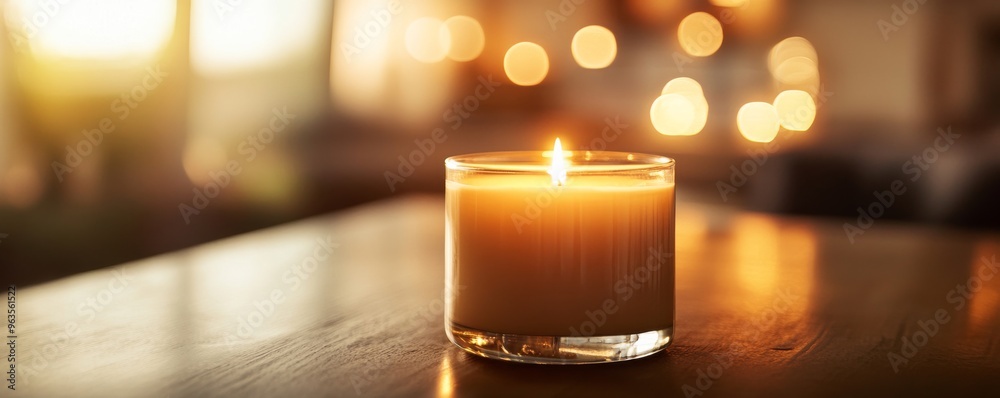 Lit candle on a wooden table with Lit candle on a wooden table with