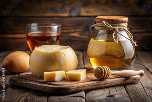 A close up stock photo of a composition of Caciocavallo cheese accompanied by a glass of wine and a jar of honey displayed on a rustic wooden board, traditional, food, close-up, cheese