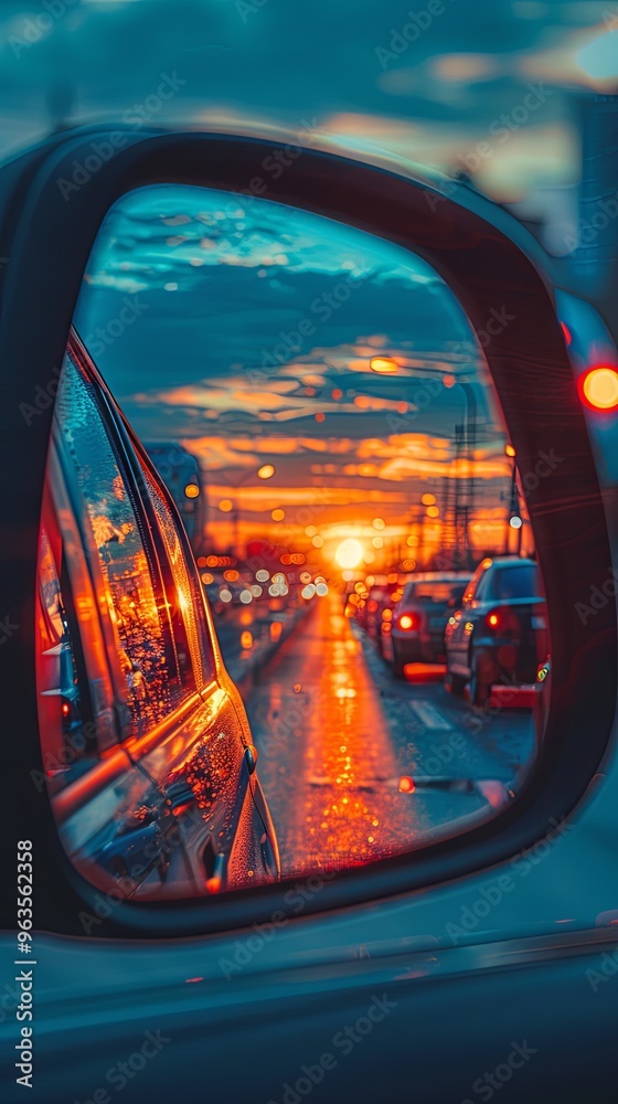 Sunset in the city, summer sunset on the highway cars. Close up from car side mirror Sunset in the city, summer sunset on the highway cars. Close up from car side mirror