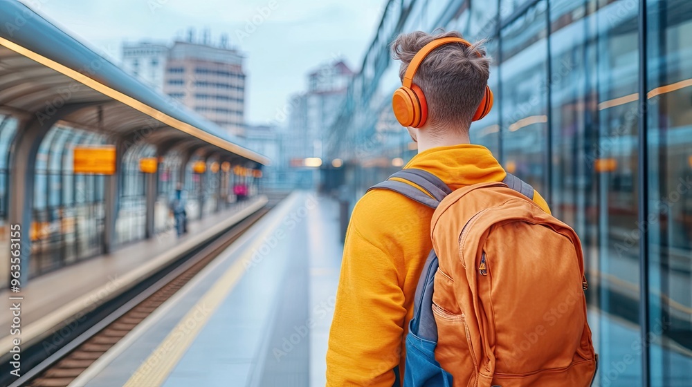 A young man in headphones waits at the train station, surrounded by modern architecture and cityscape. A young man in headphones waits at the train station, surrounded by modern architecture and cityscape.