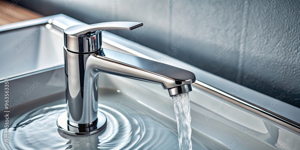 Closeup of a sleek modern faucet with water flowing highlighting the shiny chrome metal tap and a pristine white sink from a bird s eye view, luxury, reflection, hygiene,faucet Closeup of a sleek modern faucet with water flowing highlighting the shiny chrome metal tap and a pristine white sink from a bird s eye view, luxury, reflection, hygiene,faucet
