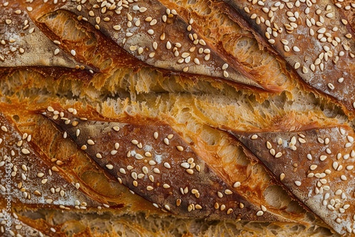 Top view close up shot of a freshly baked golden crust of a gluten free buckwheat  sourdough bread photo