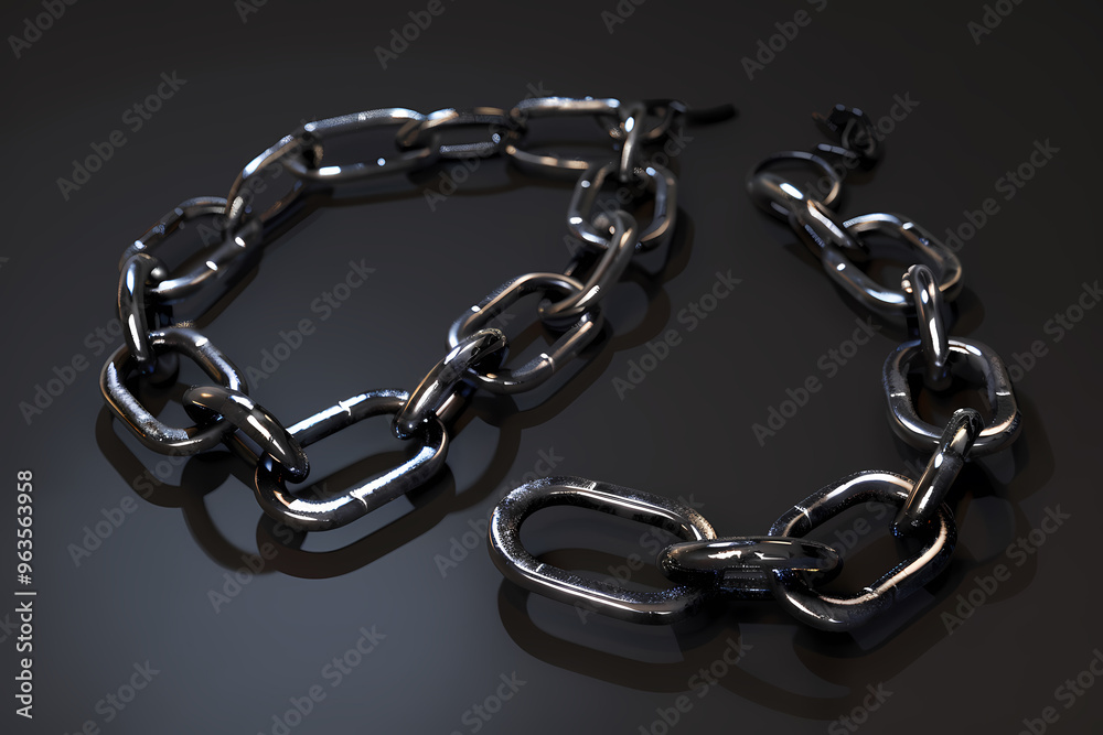 Fototapeta premium A close-up of metallic chains, showcasing their glistening surface and detailed links on a dark reflective background.
