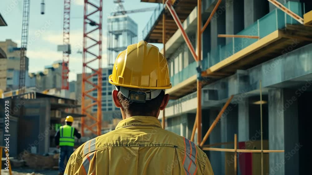 Construction worker observes site progress at urban building project in the afternoon sunlight