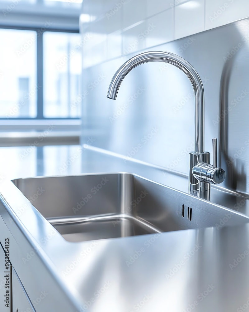 Clean, modern laboratory workspace with stainless steel countertops and blue cabinets. Clean, modern laboratory workspace with stainless steel countertops and blue cabinets.