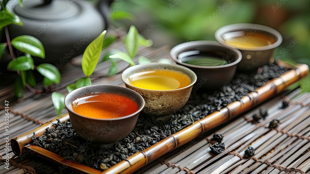 Green tea, black tea, white tea, and oolong tea, each of which is placed in exquisite cups or teapots Green tea, black tea, white tea, and oolong tea, each of which is placed in exquisite cups or teapots