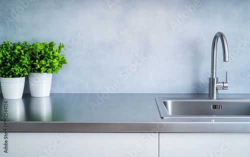 Modern kitchen sink with stainless steel countertop and faucet