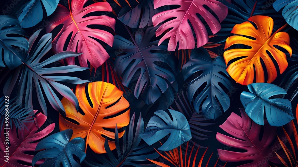 Tropical leaves in a bright coloured pattern on a dark background Tropical leaves in a bright coloured pattern on a dark background