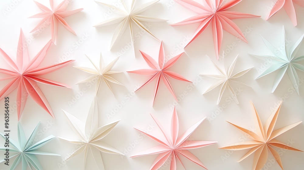 Beautiful pastel paper stars arranged artistically on a white background, perfect for festive decor or creative projects.