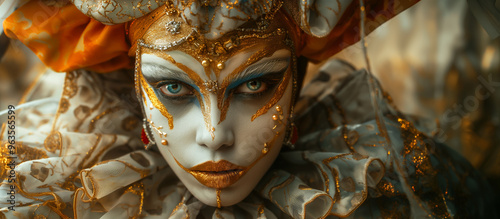 Cinematic portrait of a female African Venetian harlequin in pastels and gold with intricate patterns in carnival